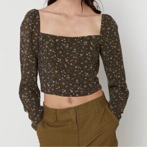 OAK   FORT Brown Fitted Floral Square Neck Blouse - S